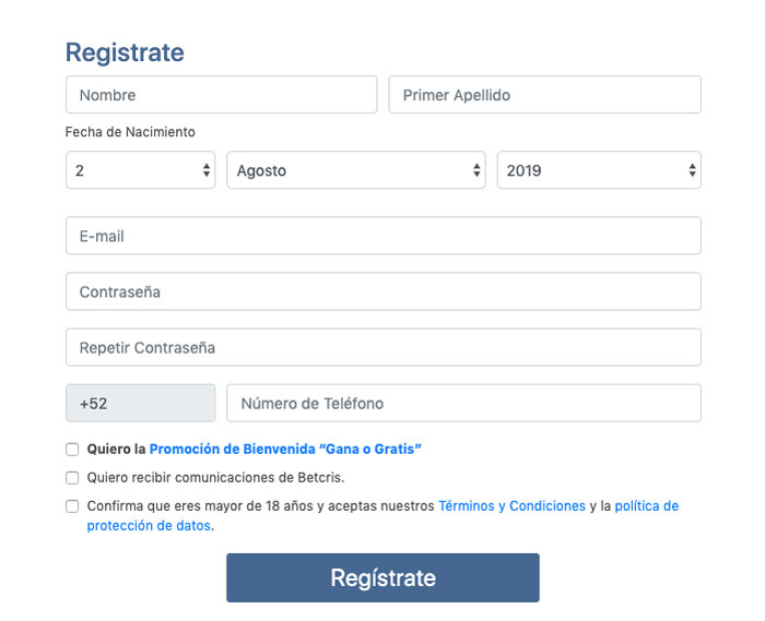 Betcris México registro datos personales